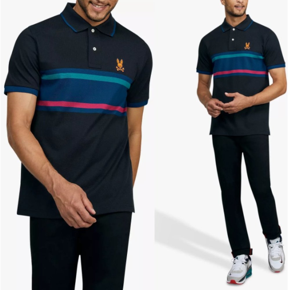 PSYCHO BUNNY BLACK CORBY STRIPE POLO - 3XLT